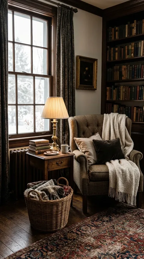 A classic reading nook with a tweed armchair, wool throw, vintage books, and warm lighting.