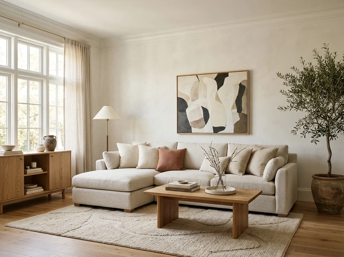 A timeless living room using neutral foundations and a few easy-to-change trendy accents.