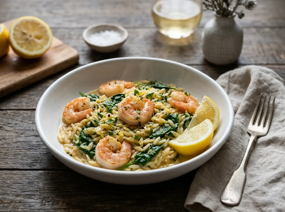 Lemon butter shrimp orzo with parsley, spinach, and fresh lemon for a quick one-pan dinner.