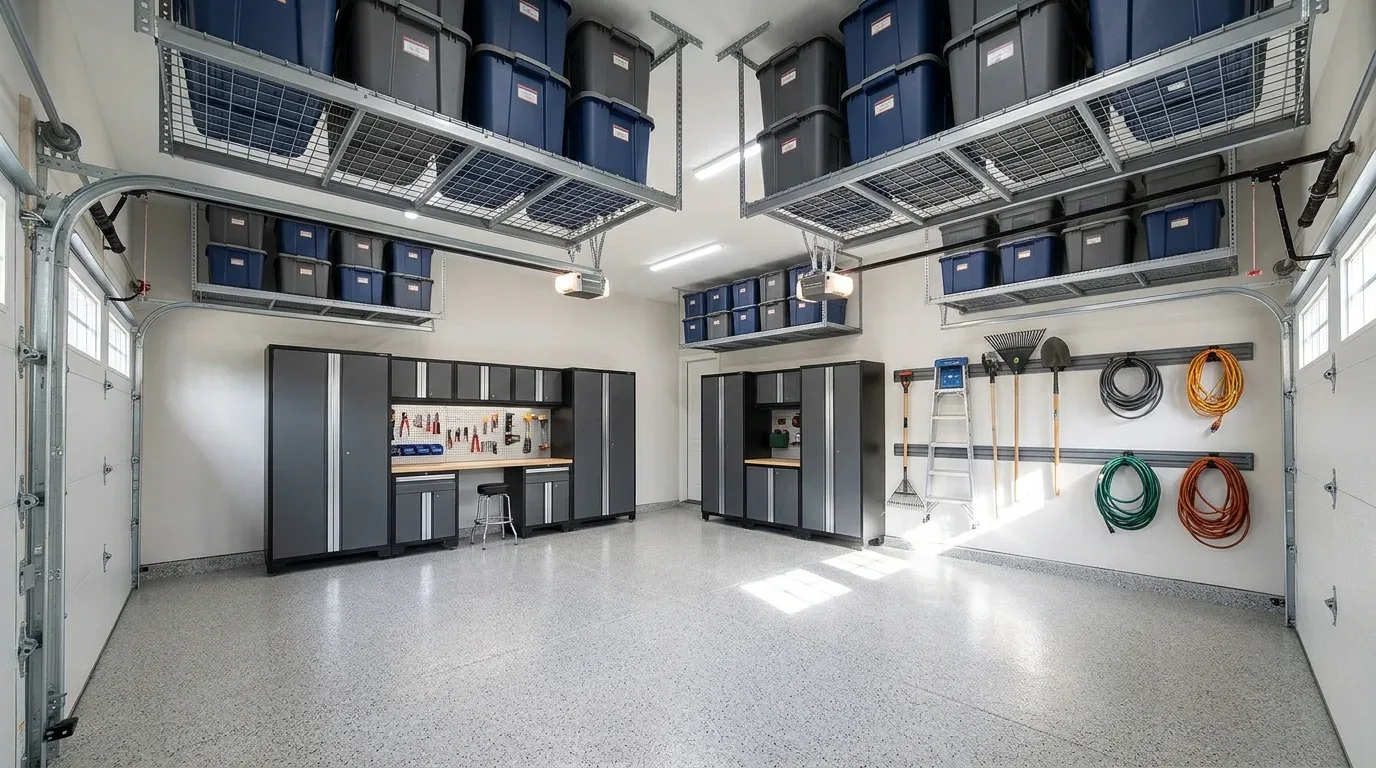 Overhead garage storage racks with labeled bins that free up valuable floor space.