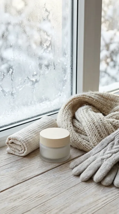 Winter skincare essentials arranged beside a frosty window to illustrate protection from cold, dry weather.