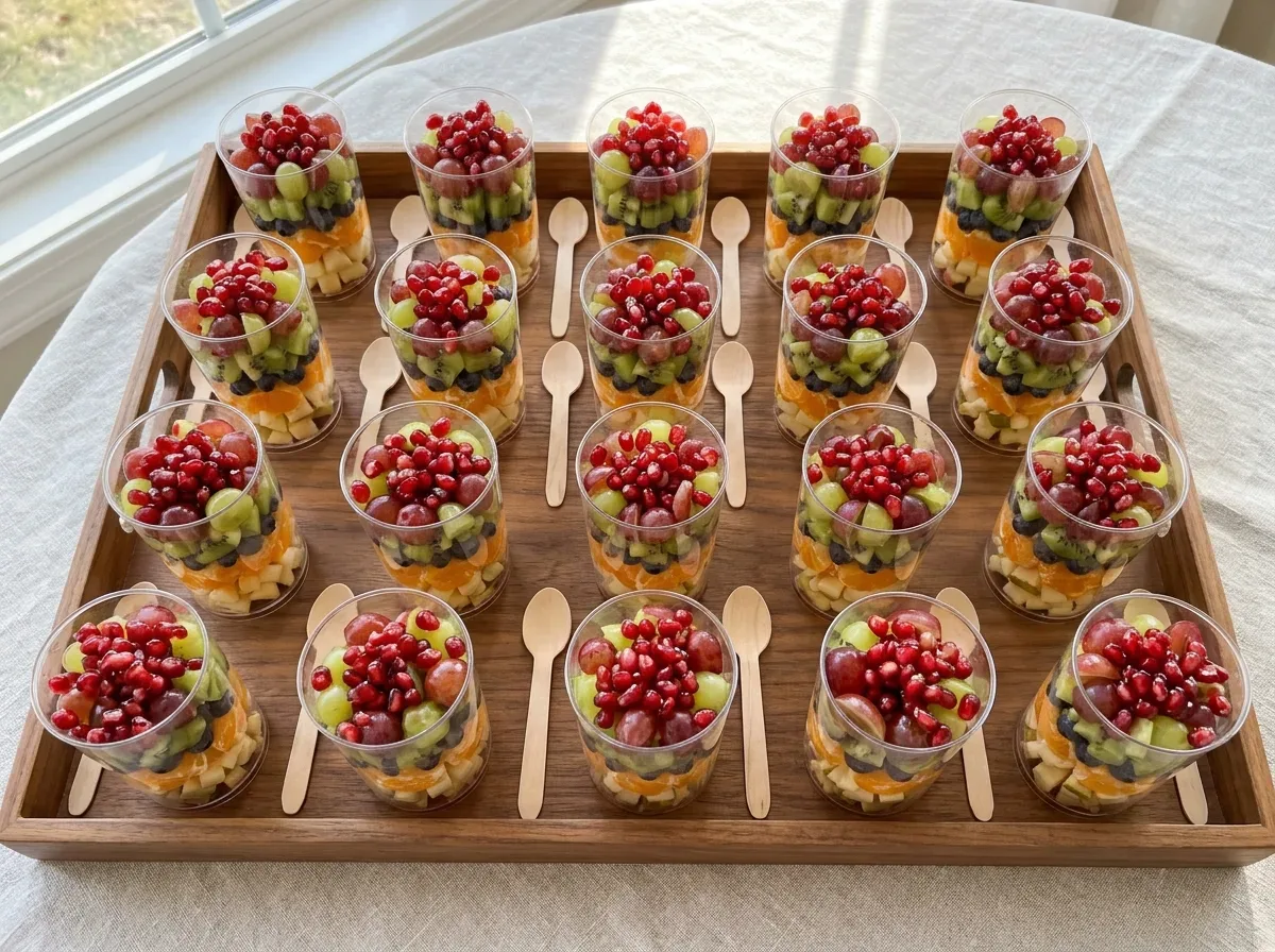 Individual clear winter fruit cups layered with mandarins, grapes, kiwi, blueberries, apples, pears, and pomegranate.