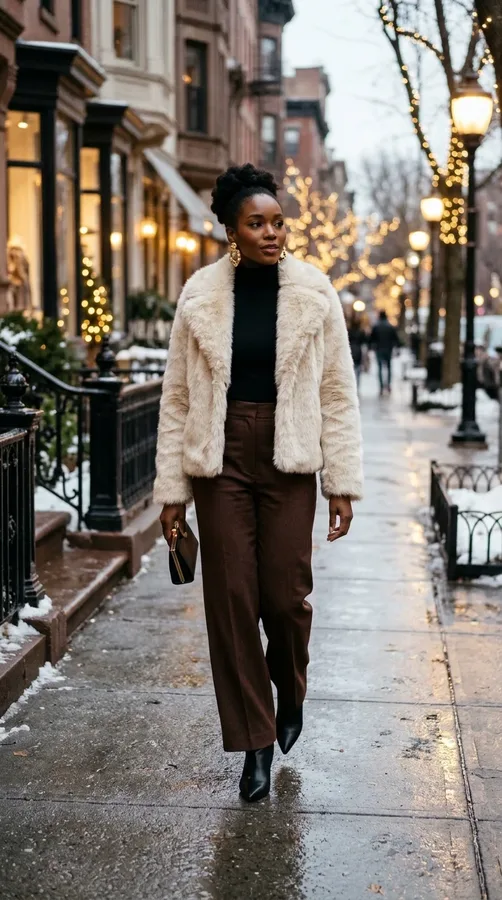 Black woman styling a cream faux fur jacket with wide-leg trousers and heeled boots.