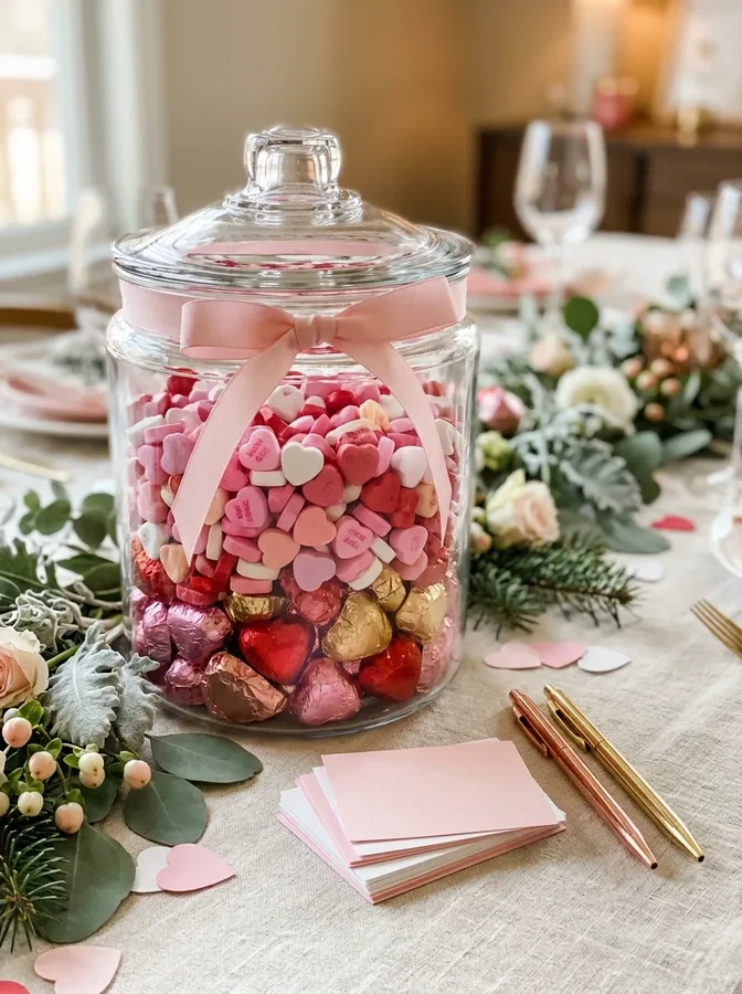 A jar of heart-shaped candies for a Galentine's Day guessing game.