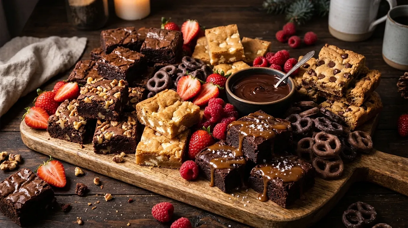 Breakfast dessert board with mini waffles, pancakes, cinnamon rolls, doughnuts, fruit, and sweet dips.