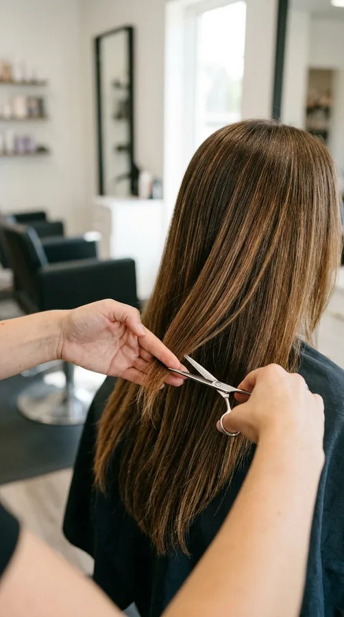 Hairstylist trimming damaged ends to help maintain healthy-looking hair length.