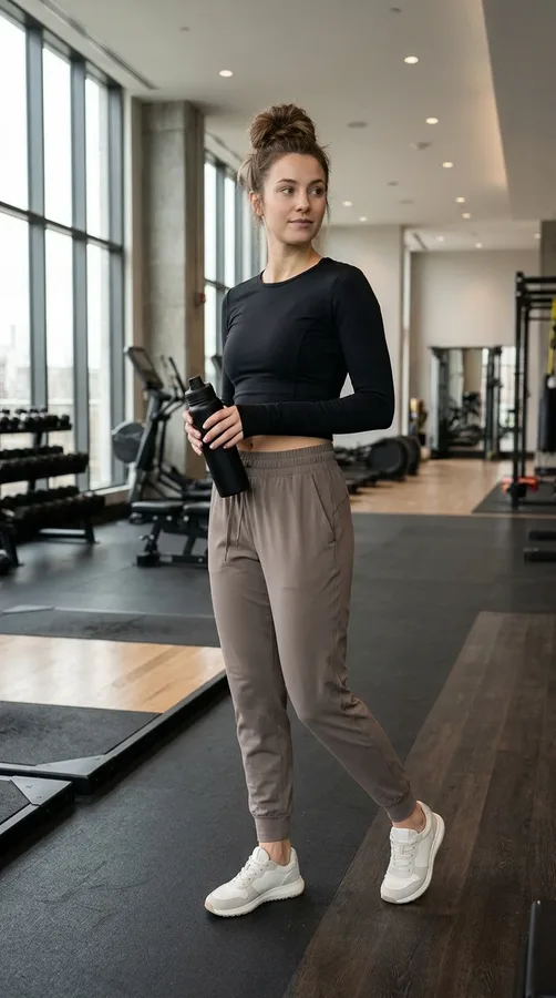 A long-sleeve crop top and high-rise joggers balance coverage and relaxed comfort.