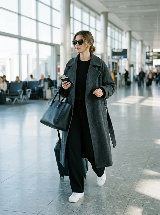 Matching black knit set layered with a charcoal trench-style coat and white sneakers.