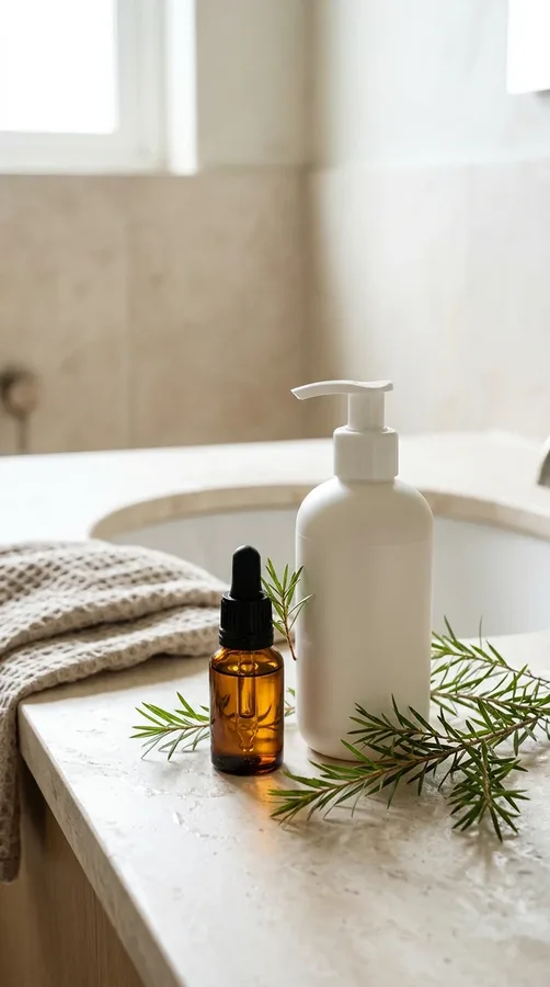 Tea tree oil with green leaves and shampoo for a scalp flake care routine