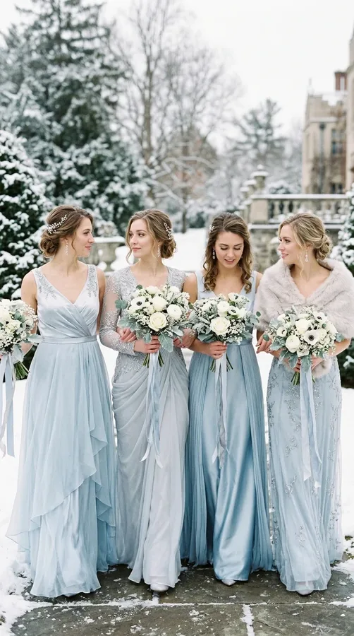Ice blue bridesmaid dresses against a softly frosted winter wedding backdrop.