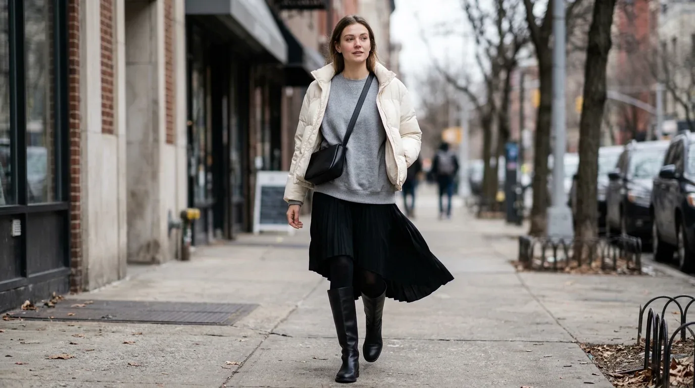 Gray sweatshirt with a black pleated midi skirt, opaque tights, knee-high boots, and a cropped puffer.