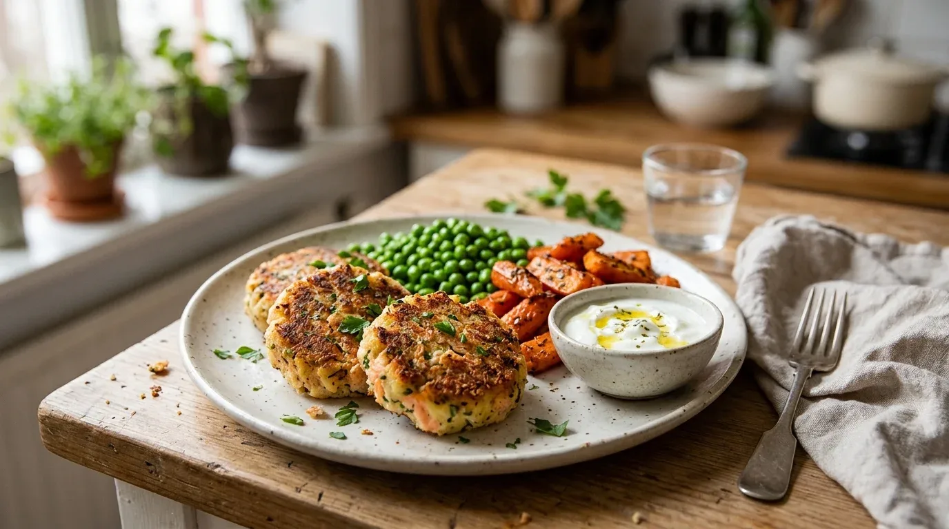 Baked salmon and potato patties served with peas, roasted carrots, and yogurt dip.