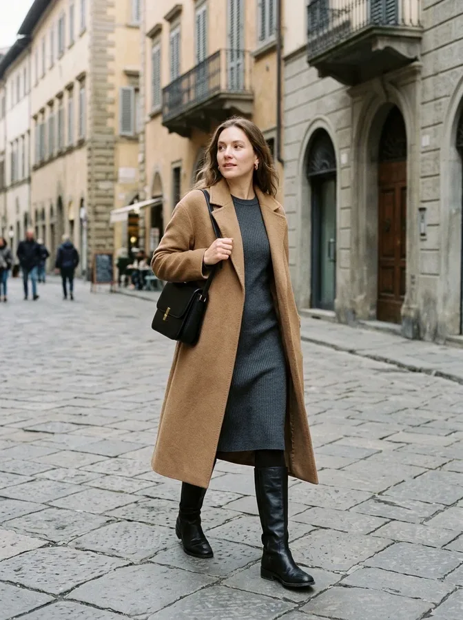 Charcoal knit dress, camel wool coat, and knee-high boots for a classy Italy winter vacation.