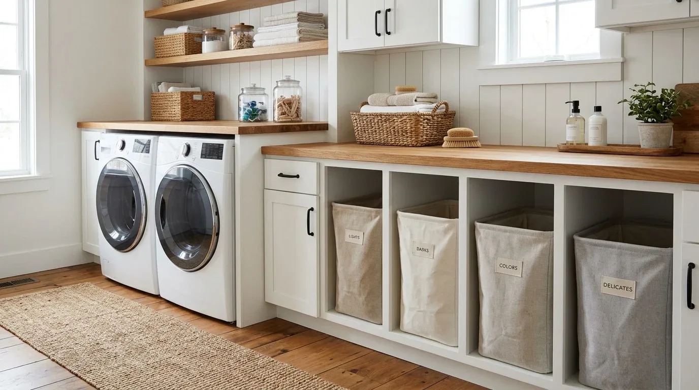 Built-in laundry sorting station with separate fabric hampers beneath a farmhouse wood countertop.