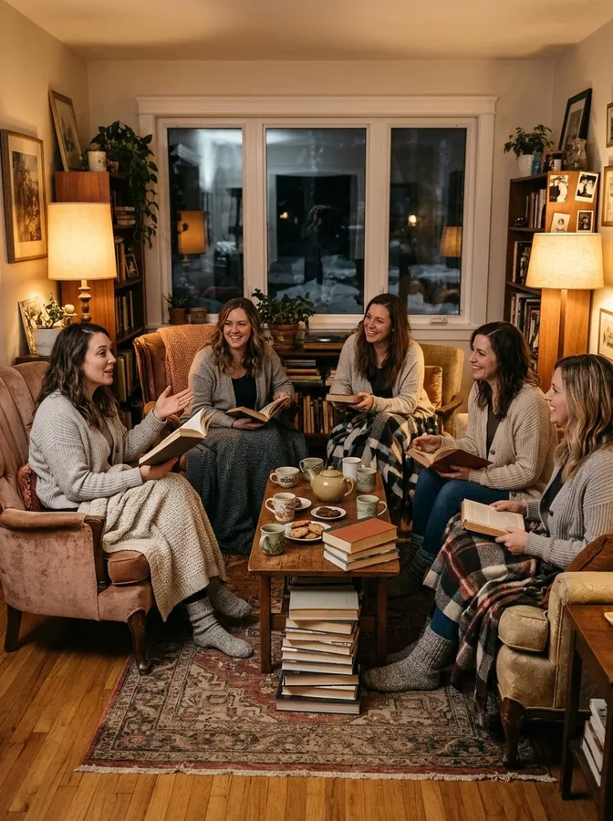 Friends sharing books and tea at a cozy winter book club gathering in a warm living room.