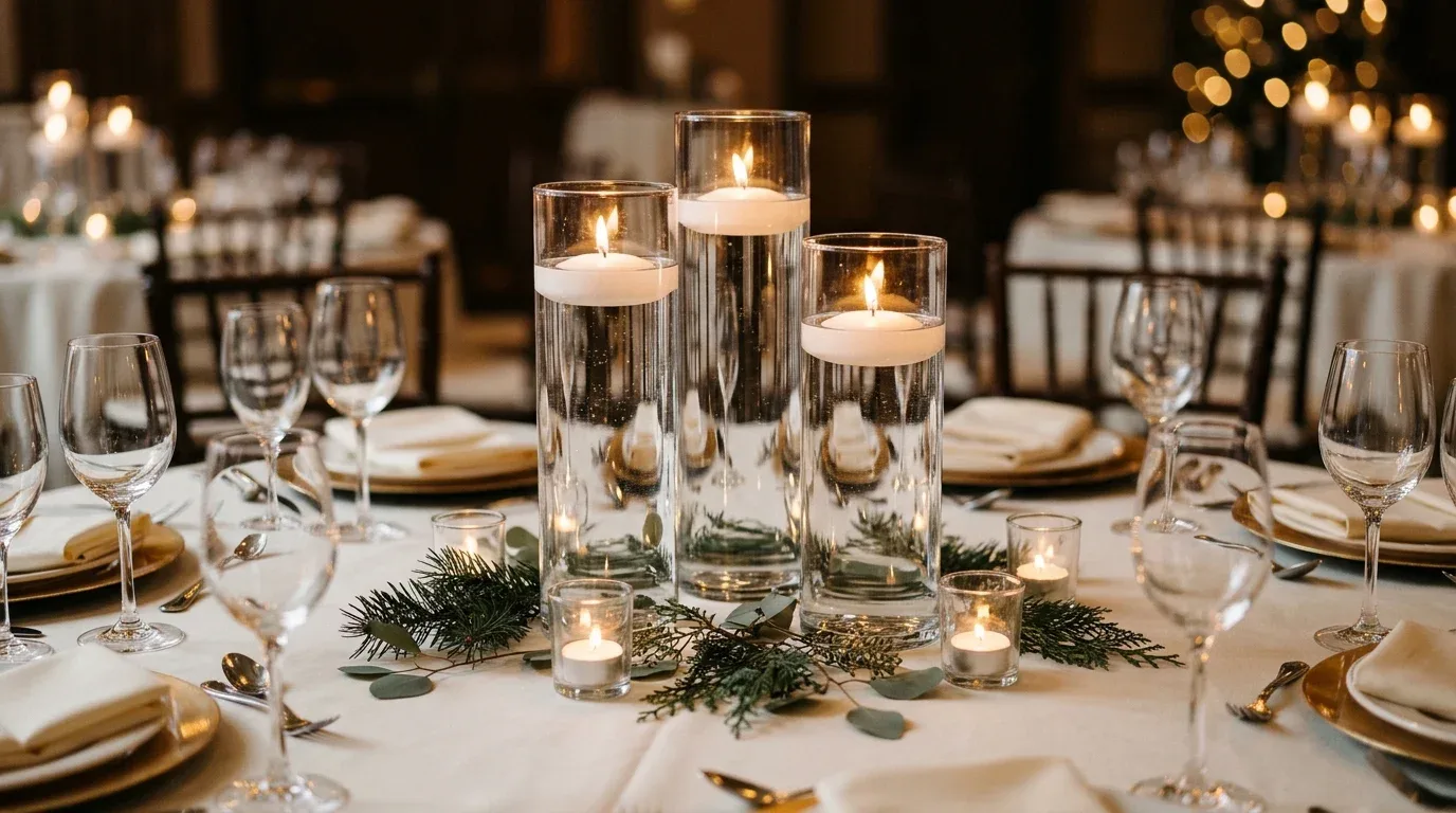 Floating candle winter wedding centerpiece in clear glass cylinders of different heights.