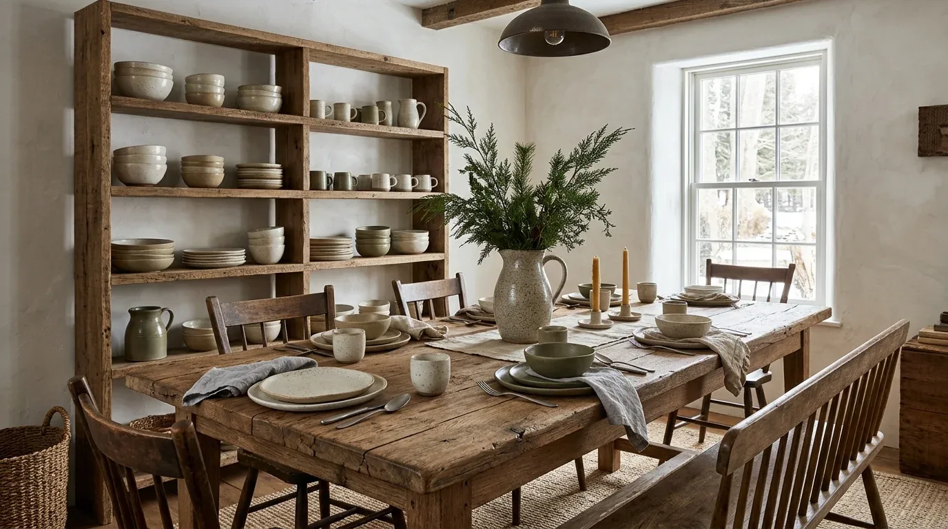Neutral farmhouse dining room featuring handmade stoneware, ceramic pitchers, and simple winter decor.