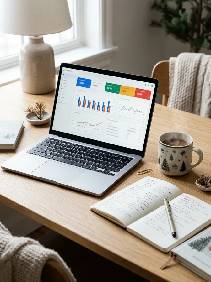 Pinterest performance analytics dashboard concept with charts and a winter desk setup