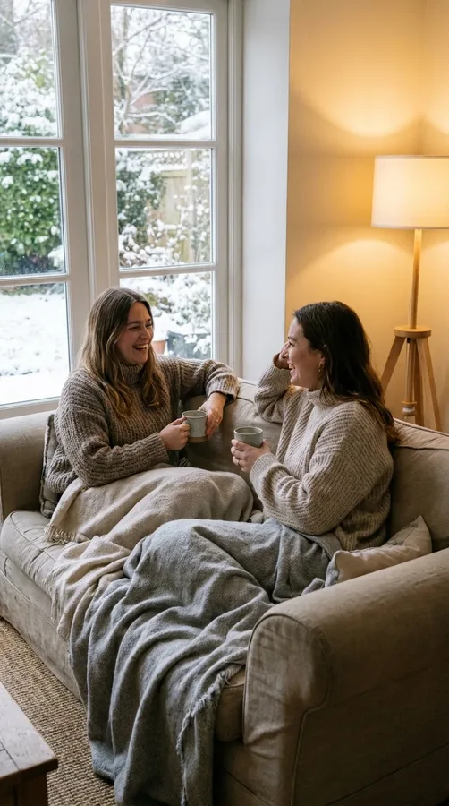 Two friends in cozy sweaters talking warmly on a sofa beside a snowy window.