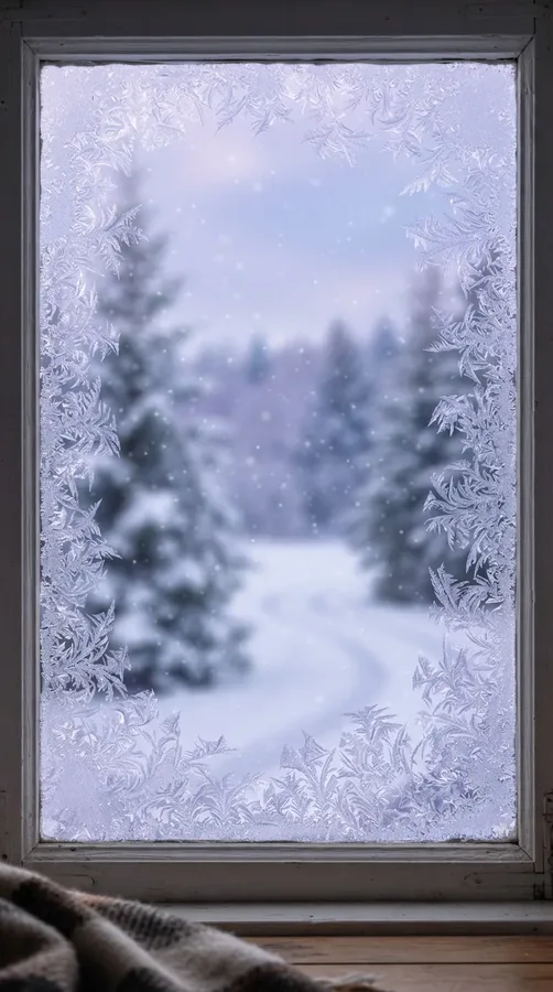 Frosted window with delicate ice crystals and blurred snowy trees in lavender winter light.