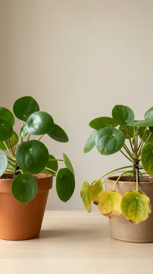 Comparing healthy Chinese money plant foliage with yellowing and curled leaves.