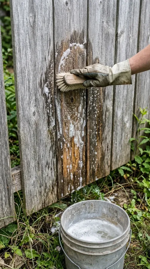 Applying an appropriate oxygen-based cleaner to weathered wooden fence boards.