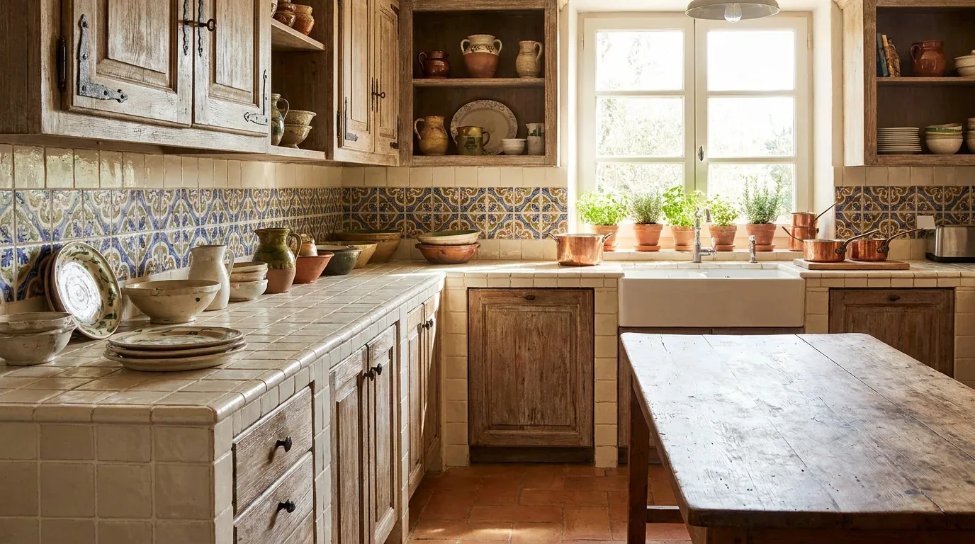 Cream ceramic tile kitchen countertop with visible grout lines and warm Mediterranean styling.