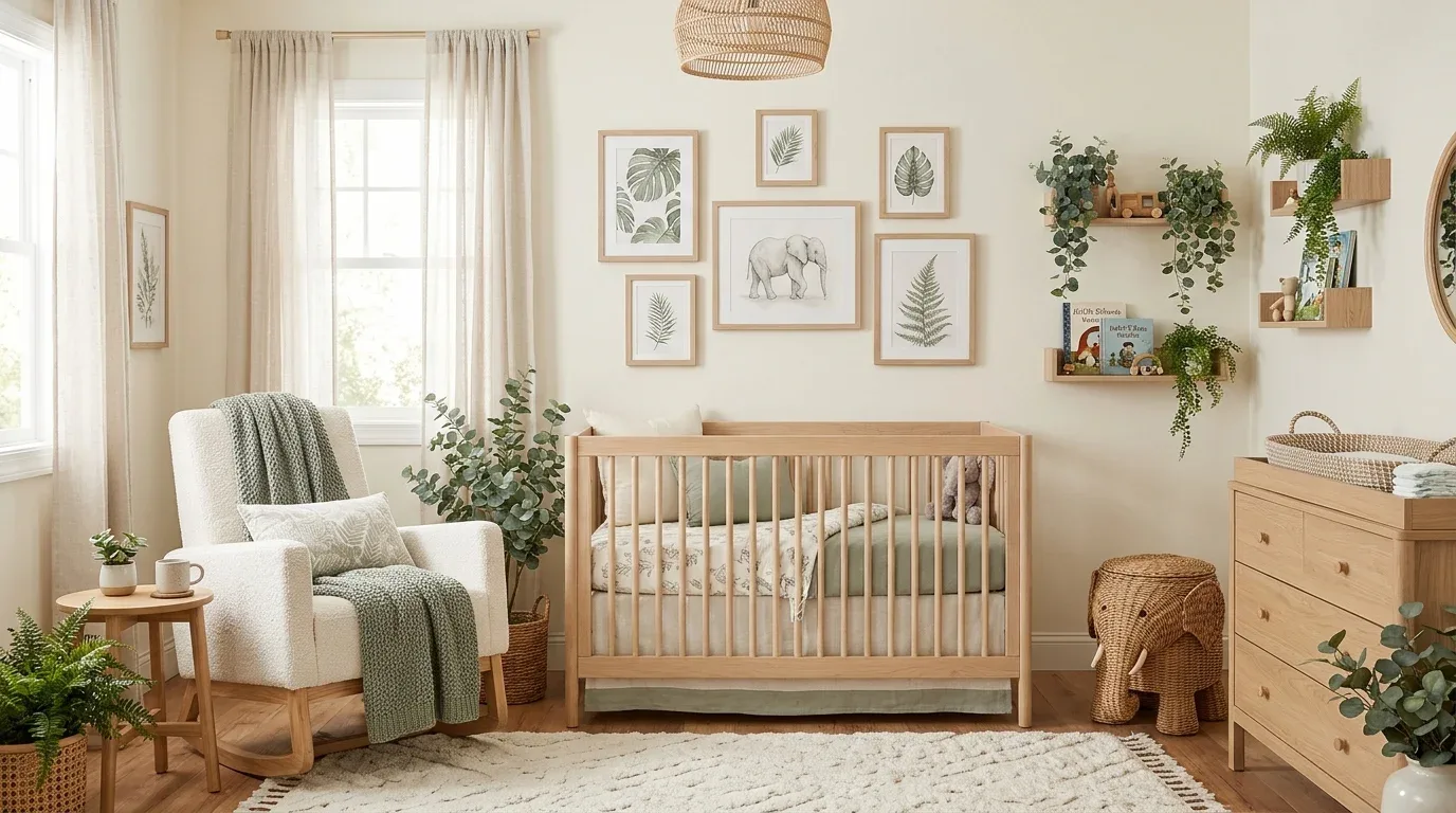 Botanical greenery and tropical leaf artwork in a neutral winter safari nursery.