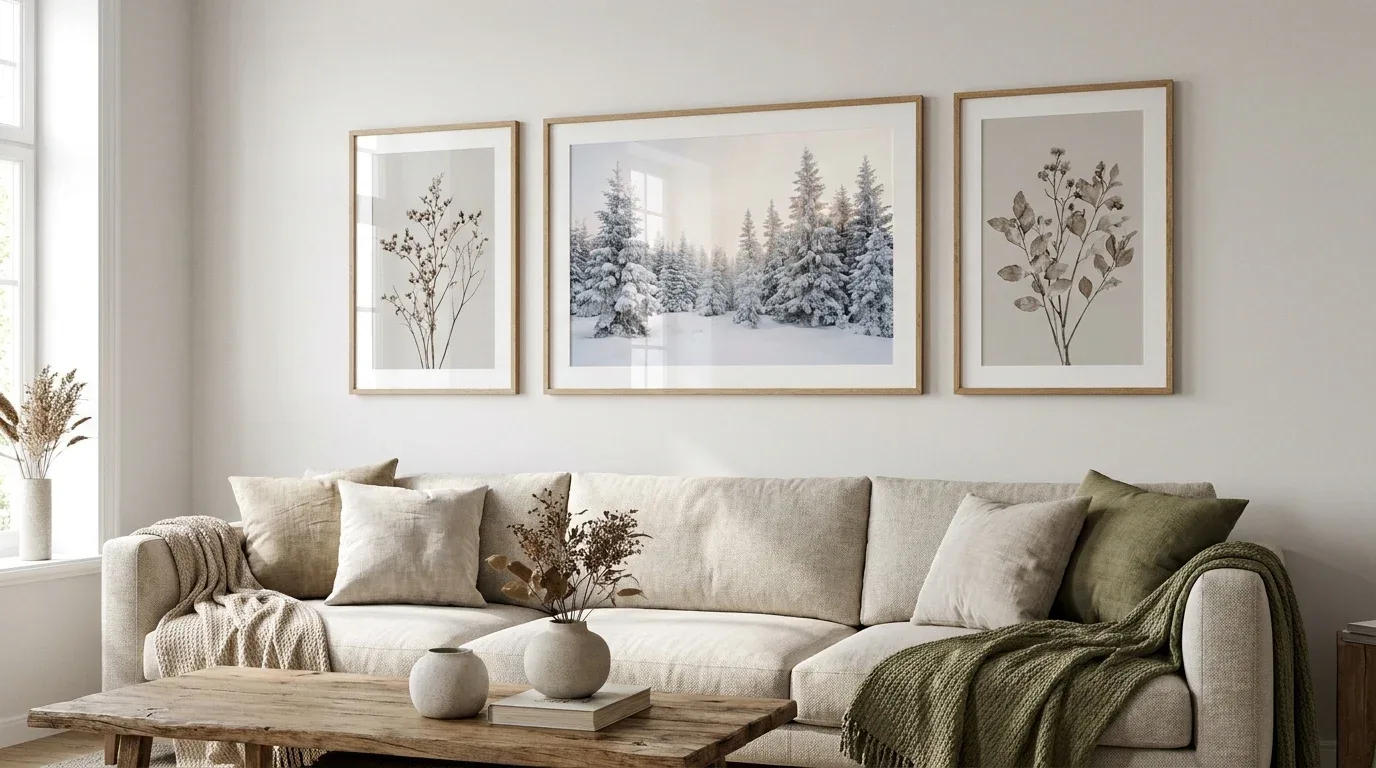 Winter landscape prints and botanical artwork arranged above a neutral living room sofa.