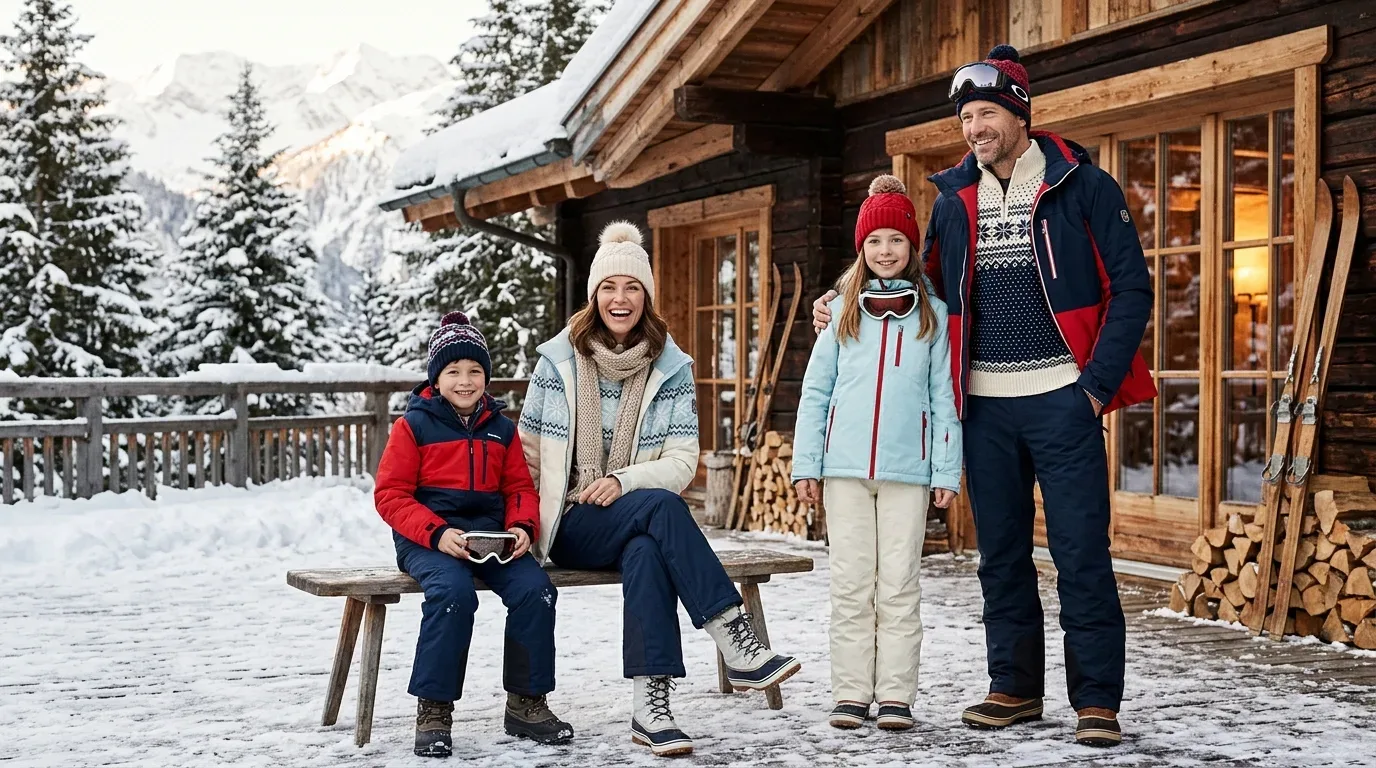 Family wearing coordinated retro ski lodge costumes with colorful jackets, goggles, and knitted sweaters.