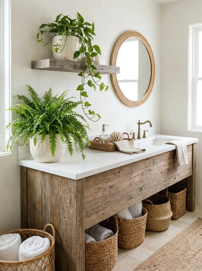 Green bathroom plants in ceramic planters adding freshness to coastal decor.