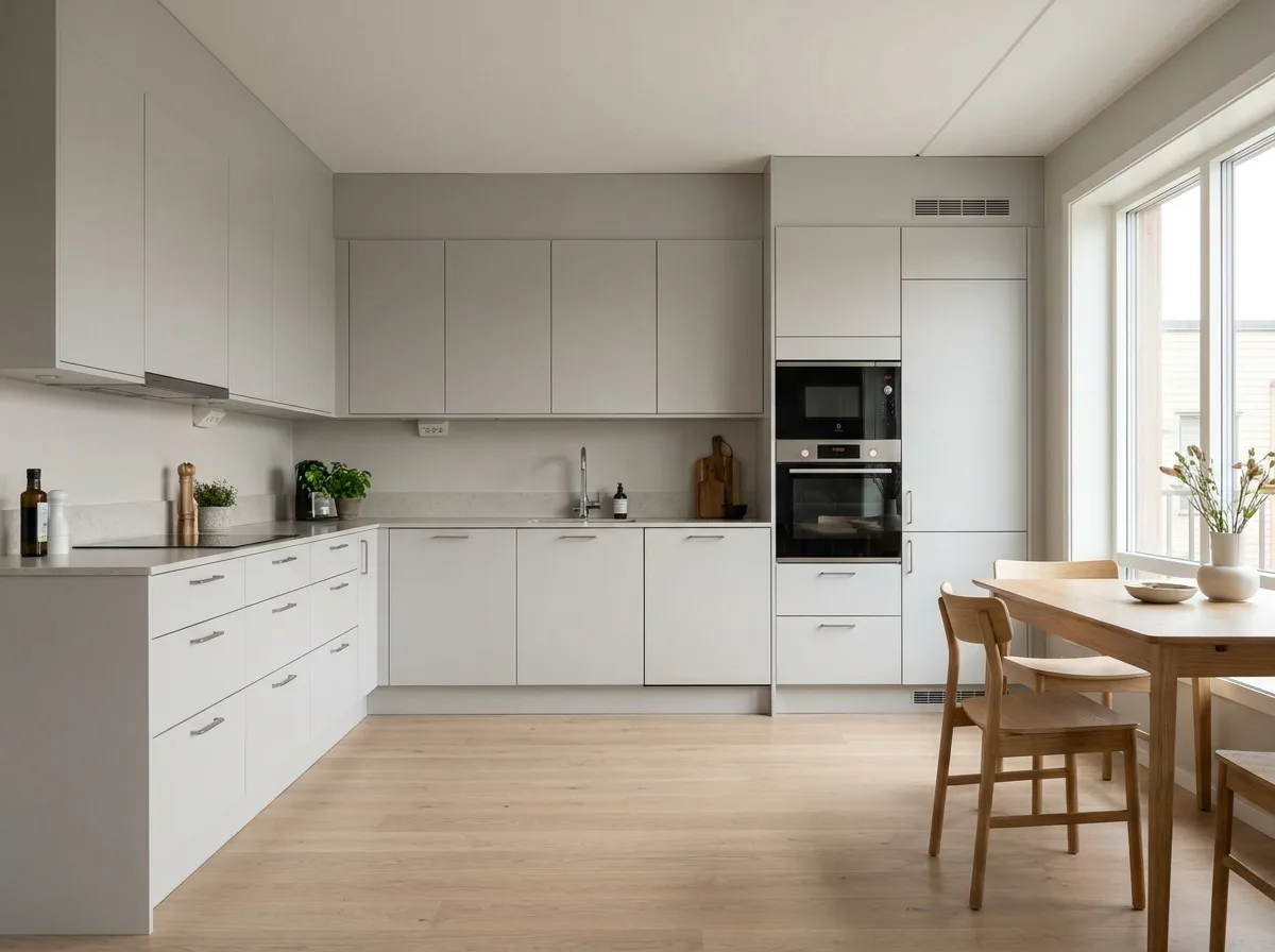 Two-tone open kitchen with cream upper cabinets, sage green lower cabinets, and pale countertops.