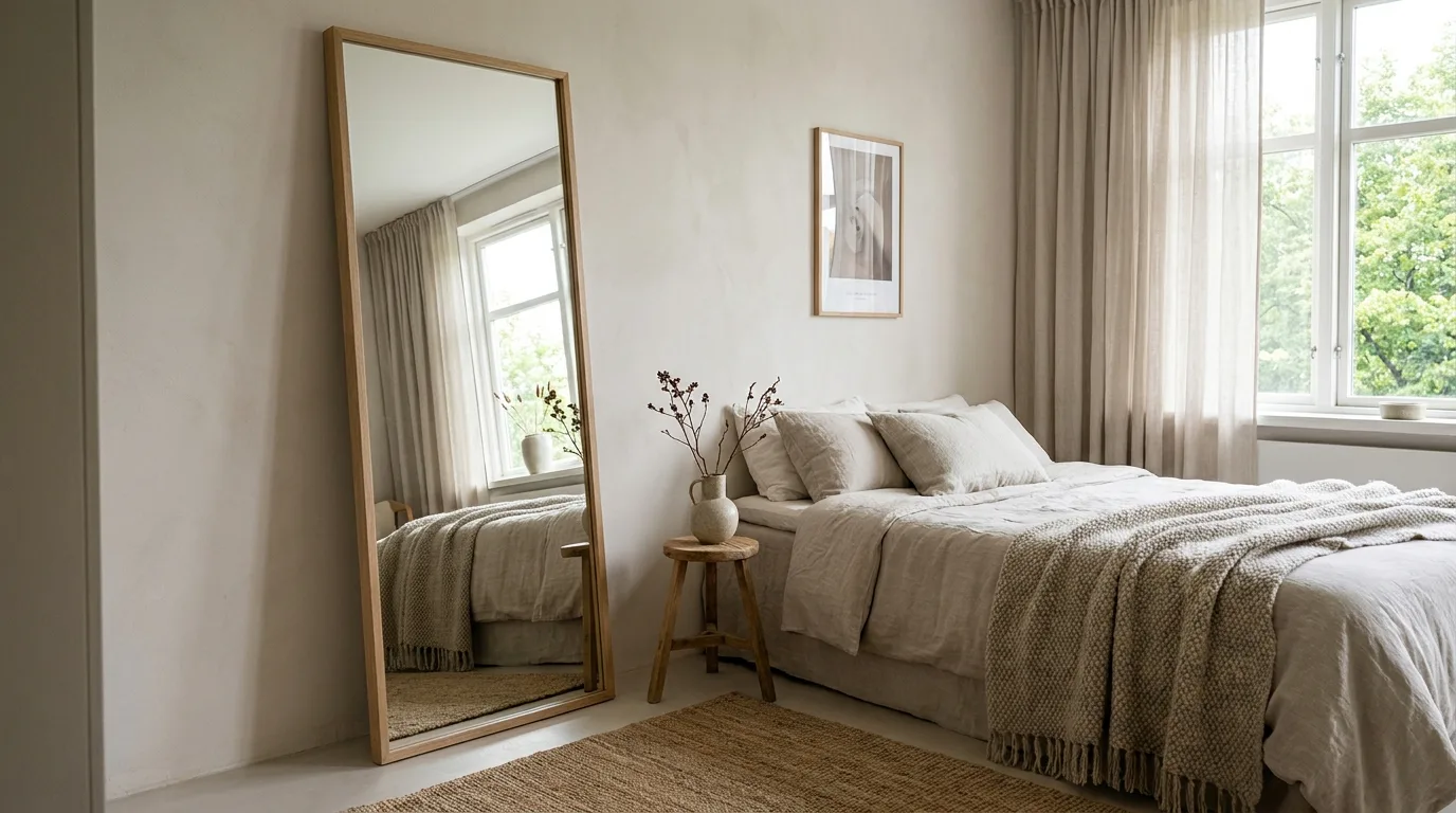 Soft neutral area rug positioned beneath a bed to add warmth and define a small bedroom.
