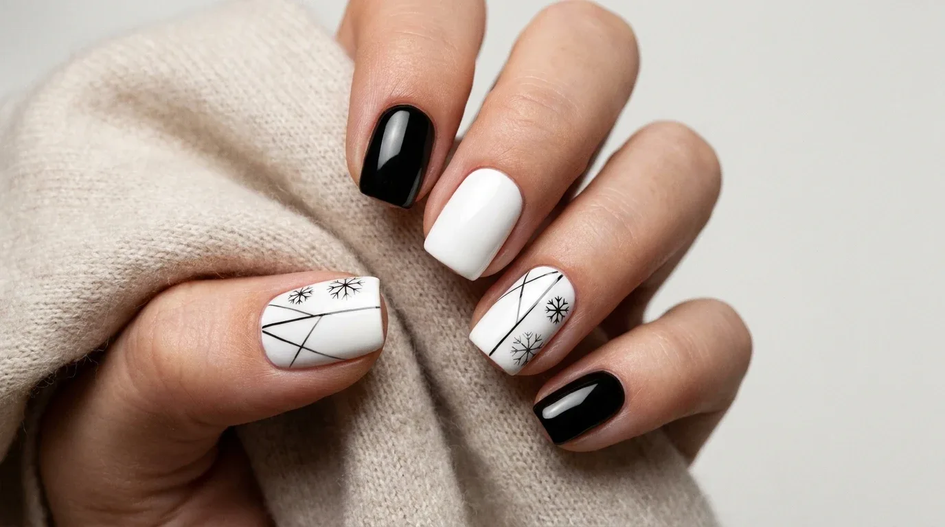 Minimalist black and white winter nails with geometric lines and tiny snowflake outlines.