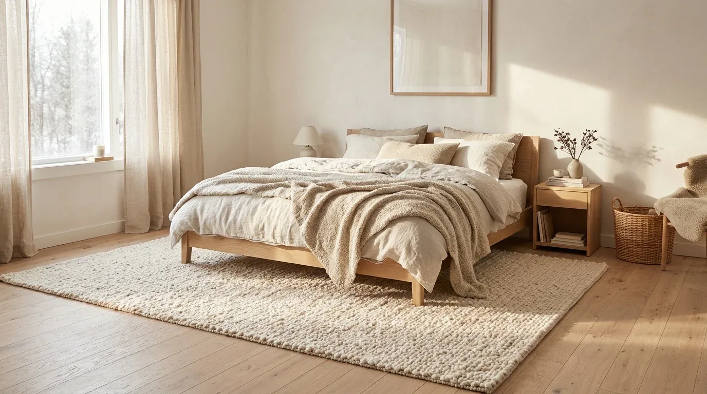Scandinavian winter bedroom with a plush cream area rug beneath a wooden bed.