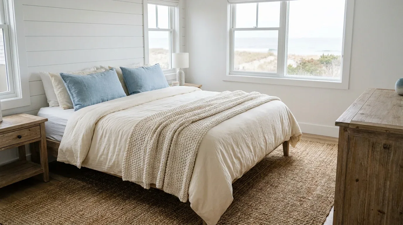 White shiplap wall behind a layered bed in a rustic coastal cottage bedroom.