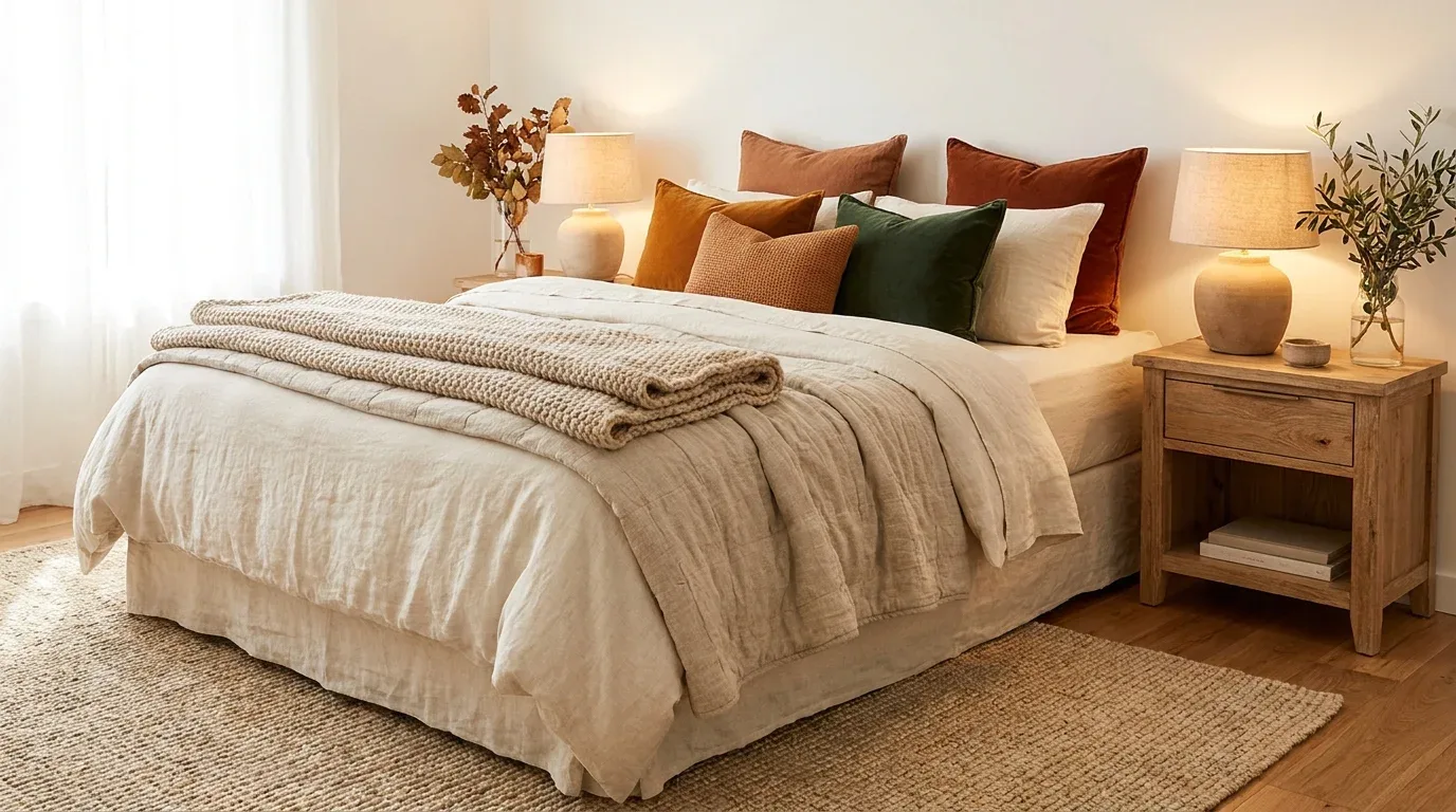 Cozy fall bedroom with layered cream bedding, rust accents, forest-green pillows, and warm bedside lighting.