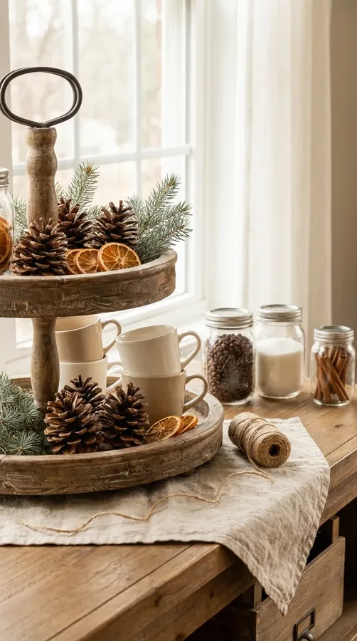 Natural winter coffee tray decorated with pinecones, dried orange slices, and evergreen branches.