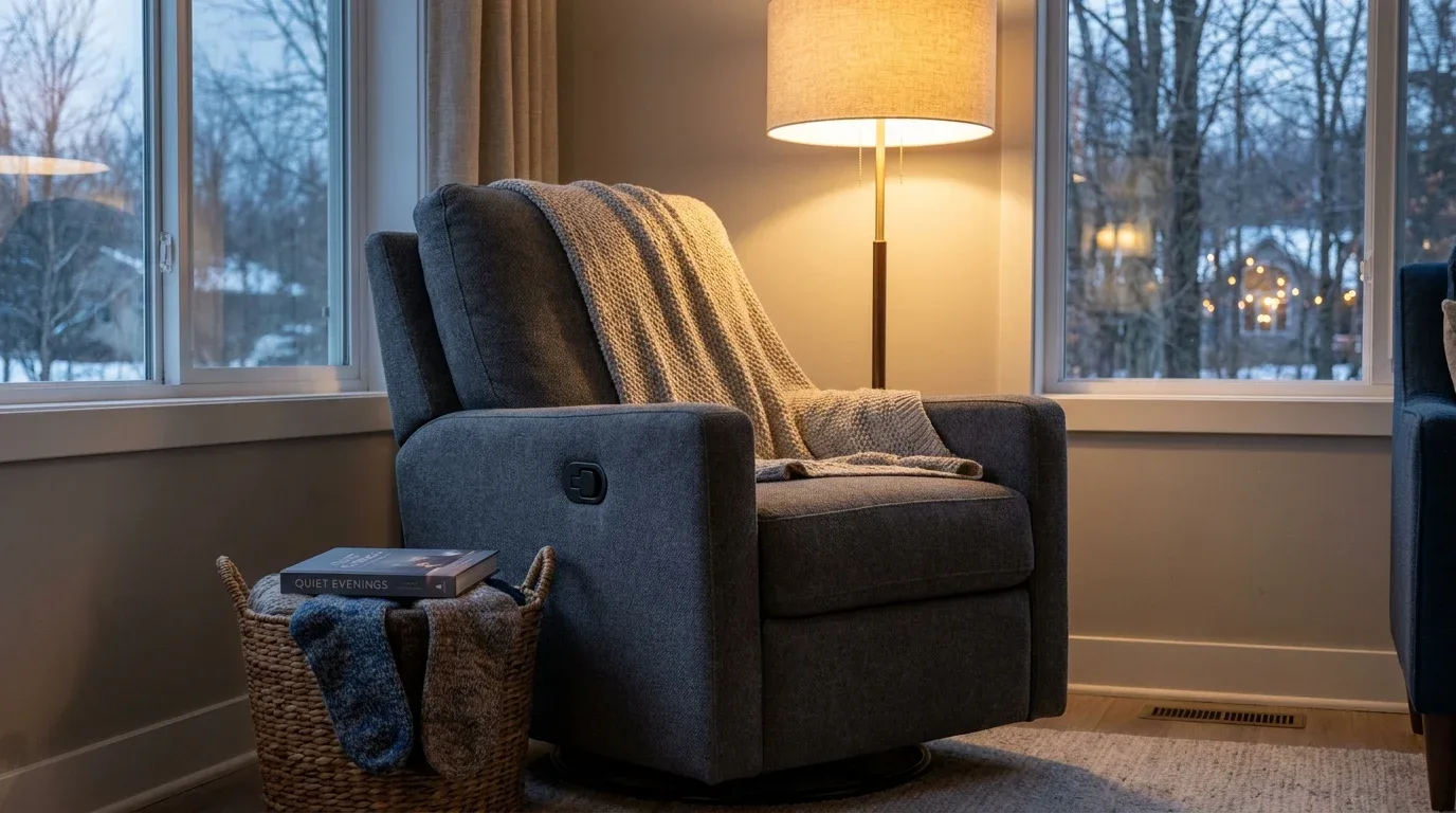 Quiet winter relaxation space with a rocker recliner, reading basket, and warm lamp.