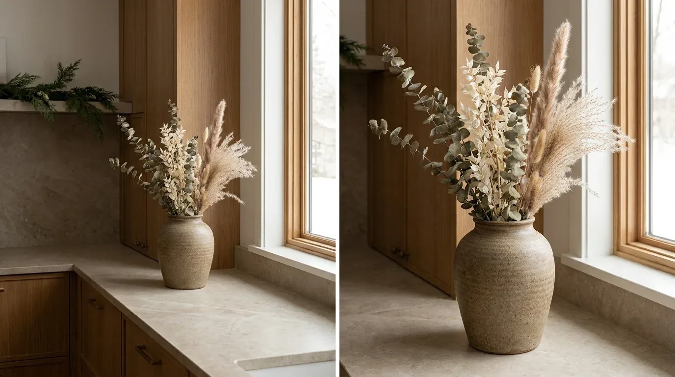 Dried flowers and eucalyptus in a stoneware vase on a neutral winter kitchen counter