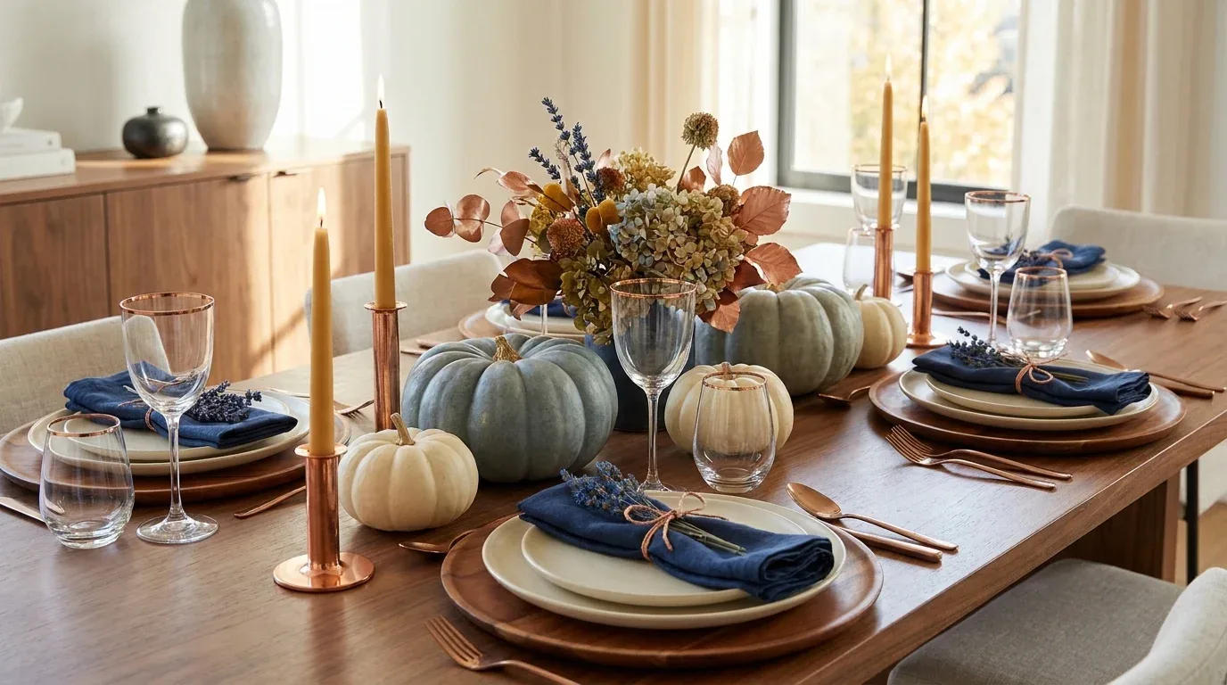 Blue and copper Thanksgiving tablescape with navy napkins, copper accents, and seasonal pumpkins.