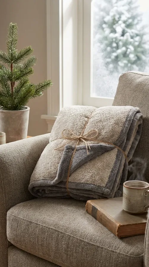A soft neutral fleece throw blanket styled for a cozy winter evening and holiday gift.