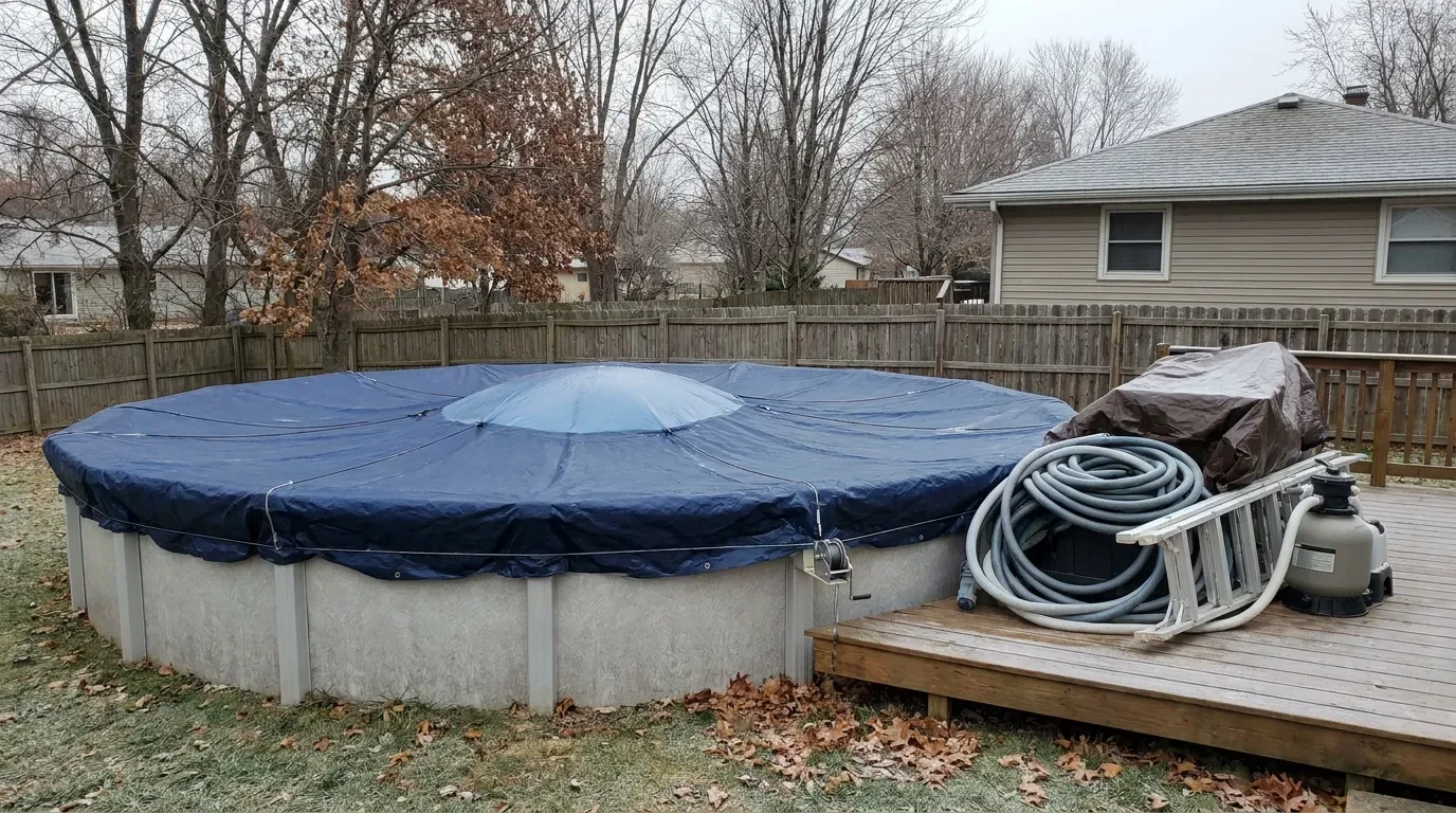 Above-ground pool protected with a winter cover in a cold-climate backyard.