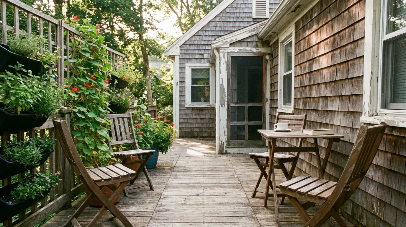 Small outdoor dining nook on a budget-friendly backyard deck