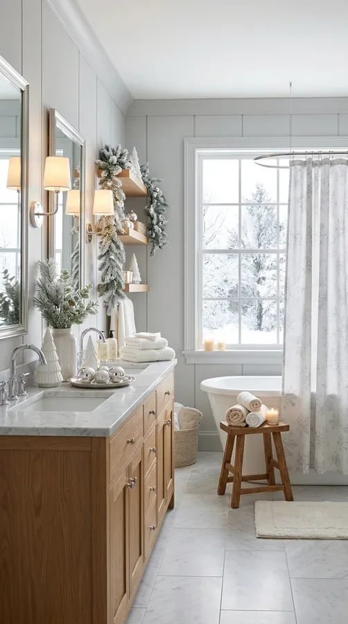 Guest bathroom with fresh towels, a basket of essentials, and a small Christmas greenery arrangement.