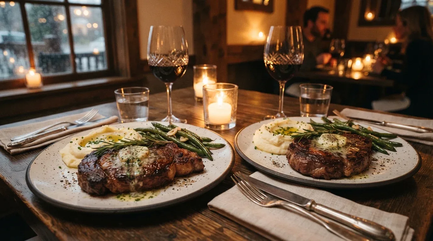 Seared steak with melting garlic butter, mashed potatoes, and roasted green beans.