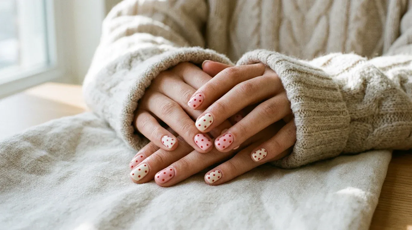 Playful red polka dot Valentine's nails on creamy white and pale pink bases.