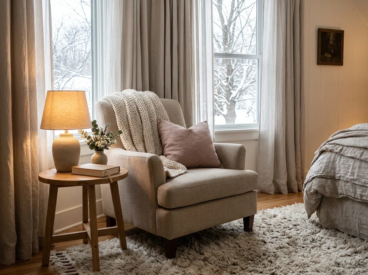 Cozy Valentine's Day reading corner with an upholstered chair, warm lamp, soft throw, and romantic accents.