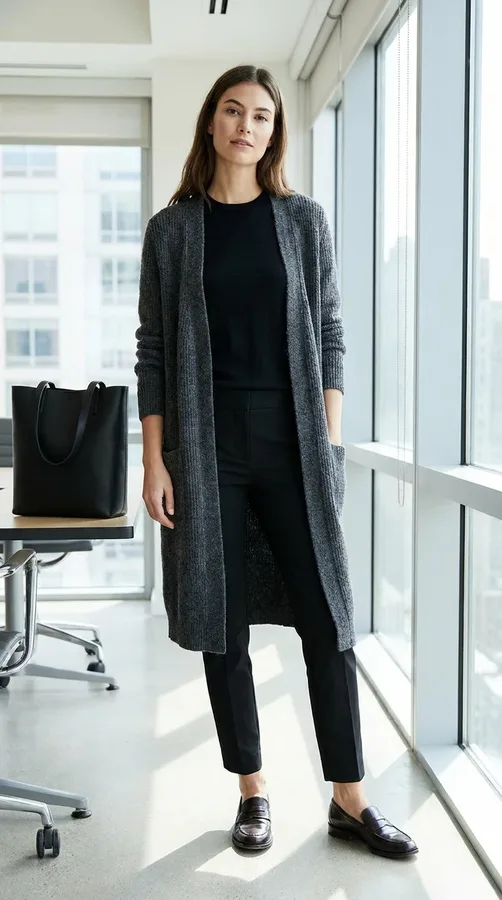 Long gray cardigan layered over a black top with tailored ankle pants and loafers.