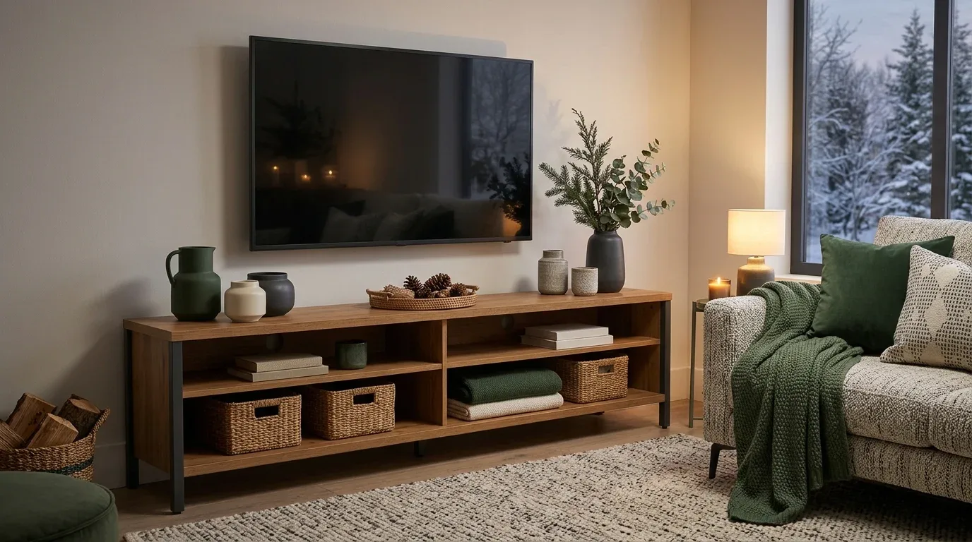Coordinated winter living room with a TV stand styled in forest green, cream, and warm natural textures.